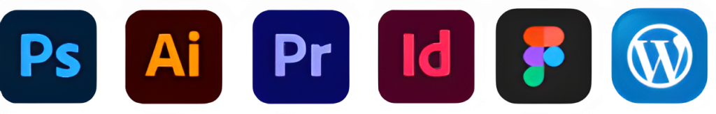 Logo de la suite Adobe (Photoshop, Illustrator, PremierPro, InDesign) suivi de figma et wordpress.